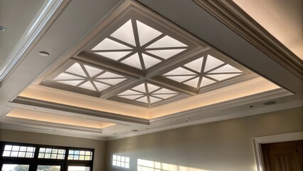 Aufkleber - A diffused image captures the contours of an angular ceiling vent its shadow play casting geometric shapes onto the ceiling. The overall ambiance is serene highlighting the