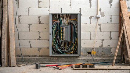 Poster - A disorganized array of tangled wires protruding from a slightly open electrical panel set against a backdrop of unfinished cinder blocks and tered tools.
