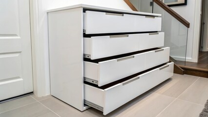 Poster - A diagonal view reveals a stack of sleek white cabinetry drawers minimalist in design reflecting contemporary aesthetics while emphasizing functionality in a compact space.