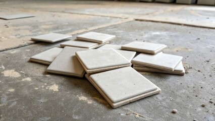 Poster - A diagonal perspective of several unevenly piled tile spacers on an unfinished cement floor each piece revealing slight imperfections that tell a story of the renovation process.