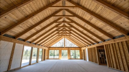 Poster - A diagonal perspective showcasing beams alongside freshly installed insulation framing the view with a sense of openness and rustic elegance.