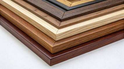Poster - A detail shot of a stack of frames showcasing the variation in wood tones from dark mahogany to light birch. The interplay of colors creates a rich visual tapestry.