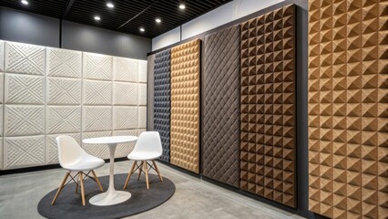 Aufkleber - A detail shot of a of soundproofing panels with their varied textures and patterns juxtaposed against the minimalist furniture in the room.