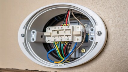Aufkleber - A detailed view of the wiring accessories peeking out from behind a newly installed recessed light highlighting the technical aspects behind the clean installation.
