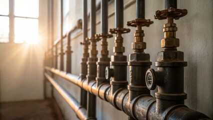 Poster - A detailed view of a of metal fittings and valves some rusted emerging from the wall surrounded by a halo of natural light streaming through a nearby window.