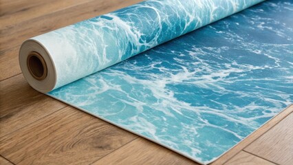 Aufkleber - A detailed view of a partially unrolled vinyl floor featuring a soothing blue motif reminiscent of ocean waves contrasting beautifully with the warm undertones of the exposed