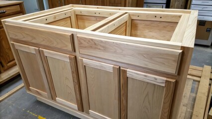 Aufkleber - A detailed view of a newly constructed kitchen cabinetry frame featuring squaredoff edges and an unfinished interior emphasizing the raw beauty of the wood and the promise of