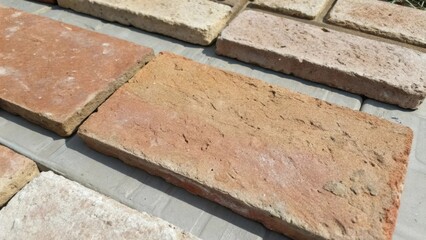 Poster - A detailed view of a few brick veneer pieces capturing the cement residue and slight chipping along the edges portraying the authenticity of the material as it awaits installation.