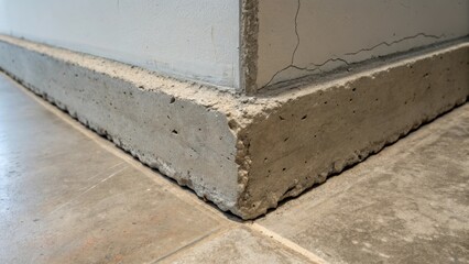 Poster - A detailed view of a corner where the concrete floor meets a wall showcasing the jagged edge and slight imperfections of the raw material.