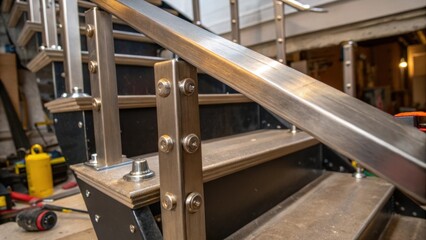 Poster - A detailed shot of metal brackets being installed to support the staircase with glints of light reflecting off the brushed finish surrounded by tools and materials.