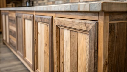 Aufkleber - A detailed shot of the cabinets unfinished edge displaying a seamless blend of varying shades of wood and the rawness of the material contributing to the earthy ambiance.