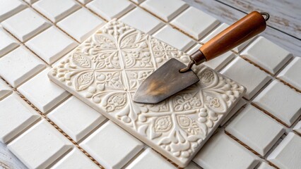 Aufkleber - A detailed look at a single ceramic tile showcasing its artisan glaze paired with a trowel resting atop a bed of thick white grout waiting to be applied.