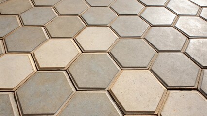 Aufkleber - A detailed look at hexagonal tiles in a muted palette their distinct shapes complemented by crisp grout lines that create a harmonious flow across the entryway.