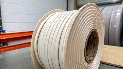 Poster - A detailed inspection of flexible molding strips coiled in a neat spool showcasing their ability to contour to curved walls with a soft sheen that indicates highquality