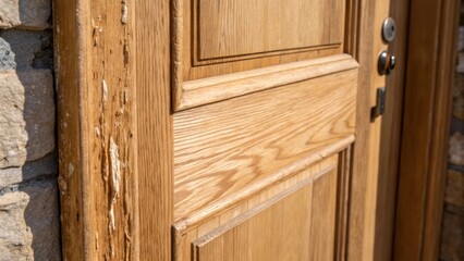 Poster - A detailed image of a partially od wooden door revealing its raw surface adorned with splintered edges and a gentle sheen from the light reflecting off the unfinished grain.