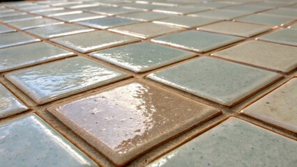 Poster - A detailed image of a handmade tile its unique glaze catching the light just right with adjacent spaces where grout has not yet been applied adding to the anticipation of