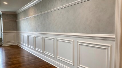 Poster - A crisp pale gray wall showing subtle texture with perfect lines of paint meeting at the edges providing an ideal backdrop for future decorative shelving.