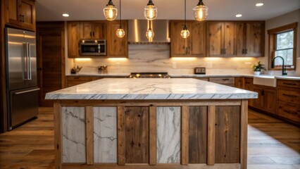 Poster - A cozy kitchen island structured with reclaimed wood showcasing unmounted marble countertops that feature delicate swirls of white and gray illuminated by warm pendant lights.