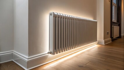 Poster - A corner view of the radiator reveals its smart compact dimensions hugging the wall tightly while the light accentuates the curves and edges of its design harmonizing with the