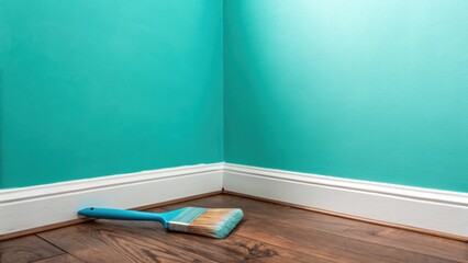 Poster - A corner of a room with a vibrant teal wall in the process of drying reflecting soft light where a paintbrush lies abandoned bristles glistening with excess paint.