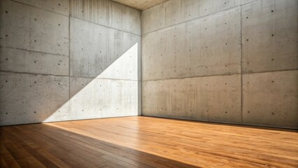 Aufkleber - A corner of the room where the unadorned concrete wall meets a smooth wooden floor creating a stark contrast that exemplifies minimalist aesthetics with shadow play enhancing the