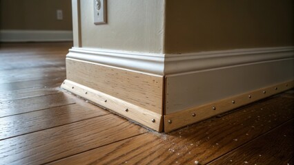 Poster - A corner of a living room featuring a down baseboard with nails protruding slightly and dust accumulated in the crevices.