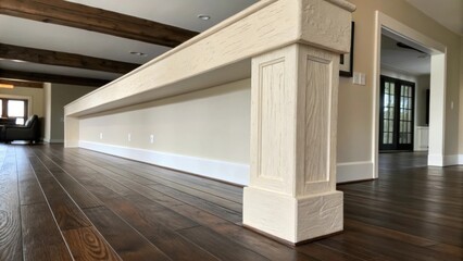 Aufkleber - A contrasting view of a beam with a modern texture sanded smooth and painted in a light hue paired with dark stained wooden flooring showcasing the harmonious blend of old and new