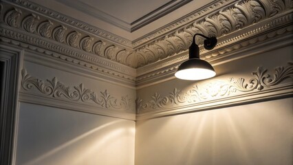 Aufkleber - A corner adorned with a single spotlight illuminating a partially hung piece of stunning molding the play of shadows revealing intricate designs above a blank wall.