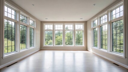 Aufkleber - A contemporary room with expansive unbroken windows that reflect natural light throughout the space. Smooth lightcolored walls present a clean surface while the lack of trim