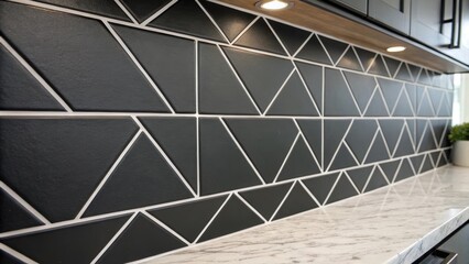 Aufkleber - A contemporary textured tile backsplash in matte black the fresh white grout filling in the gaps emphasizing modern geometric lines and sharp angles in a sleek finish.