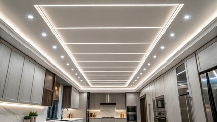 Poster - A contemporary kitchen ceiling with linear recessed lighting outs running parallel to sleek cabinetry illuminating the space with a bright clean light that enhances the minimalist