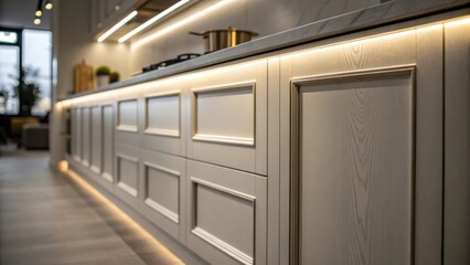 Aufkleber - A concentrated shot on the junction of cabinetry and wall where the undercabinet lighting begins emphasizing the clean lines and contemporary styling amid a hint of ambient glow.
