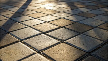 Poster - A close view where the light reflects differently across various tiles accentuating their unique textures while shadows emphasize the poorly filled grout in certain areas.
