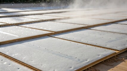 Poster - A close view of overlapping underlayment sheets the seams meticulously aligned with a touch of dust particles dancing in the air around them.