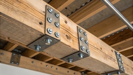 Aufkleber - A close view of a support beam with a variety of metallic hardware attached showcasing the functional yet artistic nature of the unfinished ceiling design with its mix of