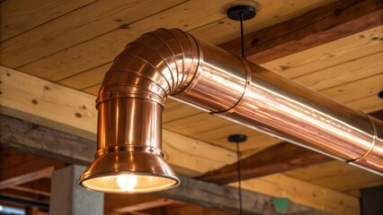 Aufkleber - A close view of a polished copper duct reflecting warm light elegantly contrasted against a rustic exposed wooden ceiling that enhances warmth and character.