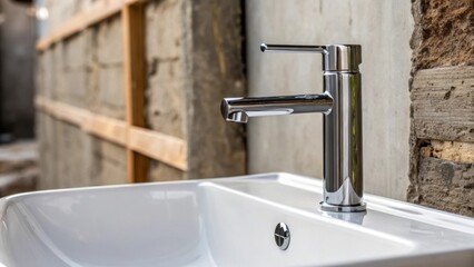 Aufkleber - A close view of a sink with a sleek modern faucet where the polished chrome contrasts sharply with the rough unfinished texture of the adjacent wall.