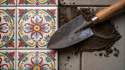 Aufkleber - A closeup view of layered ceramic tiles with artistic floral designs juxtaposed against a rugged trowel with a small puddle of dark grout creating a striking contrast.
