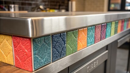 Aufkleber - A closeup view of a stainless steel counters edge framed by an array of colorful textured tiles awaiting installation creating a striking contrast.
