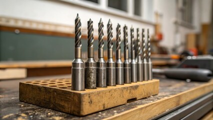 Poster - A closeup view of a set of drill bits arranged neatly on a worn workbench with a blurred background of a partially completed kitchen island structure highlighting the contrast
