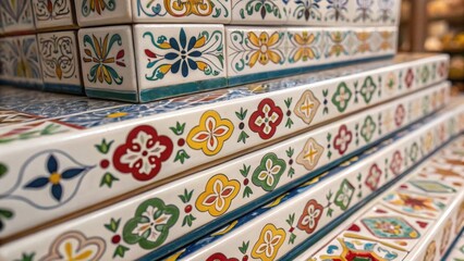 Aufkleber - A closeup view of a meticulously organized stack of ceramic tiles each displaying intricate designs with a glossy finish that catches the eye.