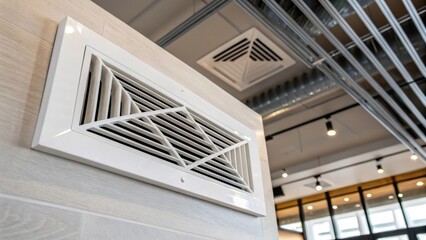 Aufkleber - A closeup view of a rectangular heating vent with a minimalist design set within a contemporary open concept living area where exposed ducts crisscross overhead in a dynamic