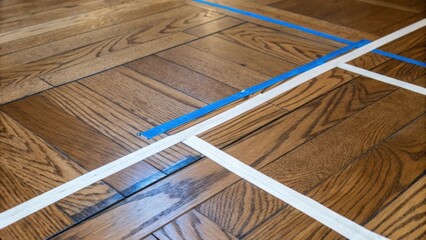 Aufkleber - A closeup view of a hardwood floor revealing its aged beauty with white and blue tape meticulously outlining areas for the installation of new tiles.