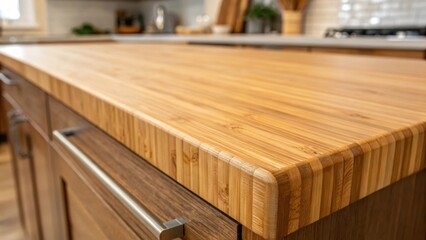 Poster - A closeup view of an ecofriendly bamboo countertop featuring thin sharp edges that enhance the sustainability theme radiating natural warmth and texture.