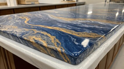 Poster - A closeup view of a marbled granite countertop boasting swirls of deep blue and gold the surface unmarred except for the clear plastic casing draped over its edges catching soft