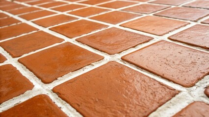Aufkleber - A closeup shot that captures the subtle texture of the tile surface where the warm terracotta hue meets the bright freshly applied white grout invoking a rustic charm.