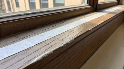 Poster - A closeup shot featuring a slightly cracked window ledge the protective tape providing a stark line across its surface. The wood has an uneven finish with different shades visible