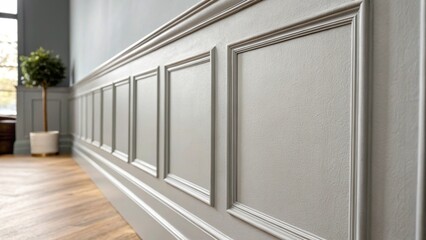 Aufkleber - A closeup shot focusing on a soft dove gray accent wall that exudes calmness highlighting subtle variations in color and texture from the modern paint application.