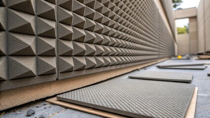 Aufkleber - A closeup perspective that focuses on the texture and pattern of an acoustic panel being installed with adjoining panels still lying on the ground waiting to be p.