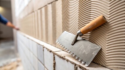 Aufkleber - A closeup reveals a trowel resting against the freshly applied adhesive its serrated edge creating a textured pattern across the wall showcasing the preparation for the upcoming
